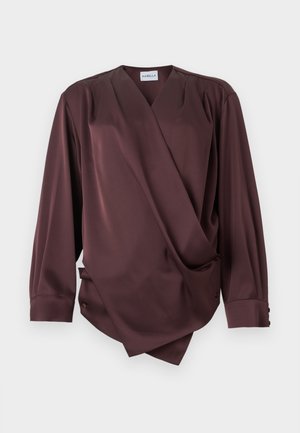 Long-sleeve dark brown wrap blouse with a V-neckline and draped front detail on a white background.