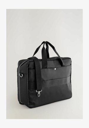 Black laptop bag made of durable nylon. Features dual handles, adjustable shoulder strap, zip closure, and a wide front pocket with a textured strap.