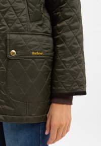 Gequilte groene jas met een ruitpatroon, voorzien van gouden accenten, een zak met knopen en bruine ribgebreide manchetten. Merkennaam "Barbour" zichtbaar.