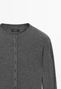 Gray ribbed cardigan featuring a round neck, button placket, and long sleeves made from textured knit fabric. Label visible inside neck.