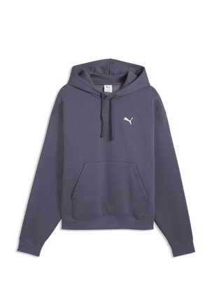 Blauwgrijze hoodie met voorzak, capuchon met trekkoord, lange mouwen en klein wit Puma-logo op de borst.