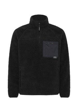 Black fleece pullover with a high collar, quarter-zip front, and a left chest pocket featuring a flap. Includes side zip pockets.