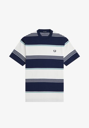 Maglietta a maniche corte a righe blu navy e bianche con sottili linee turchesi e piccolo logo ricamato a corona di alloro sul petto.