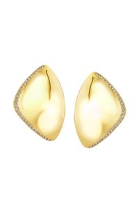 Náušnice ve zlatém tónu s hladkým, zakřiveným tvarem. Po jedné straně lemovány malými průhlednými krystaly, s leštěným kovovým povrchem.