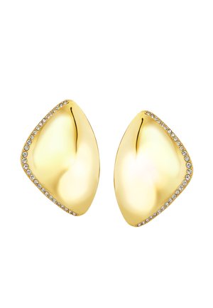 Kullattu säihkeä muotoiset korvakorut, joissa on sileä ja kaareva muoto. Yhden reunan ympäri on pieniä kirkkaita kristalleja, ja ne ovat saaneet kiiltävän metallipinnoitteen.