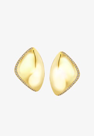 Goldfarbene Ohrringe mit einer glatten, geschwungenen Form. An einer Seite mit kleinen klaren Kristallen besetzt und mit einer polierten Metalloberfläche versehen.