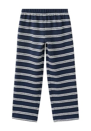 Tmavomodré nohavice s bielymi horizontálnymi pruhmi, elastický pás, rovný strih nohavíc, mäkká textúrovaná látka.