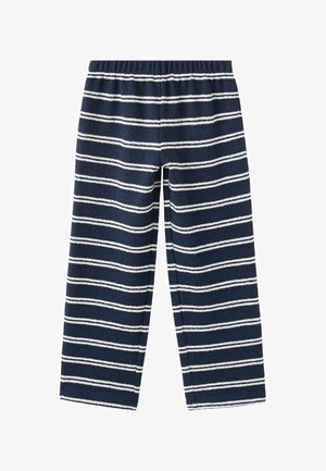 Navy plave hlače s bijelim vodoravnim prugama, elastični pojas, kroj ravnih nogavica, tkanina meke teksture.