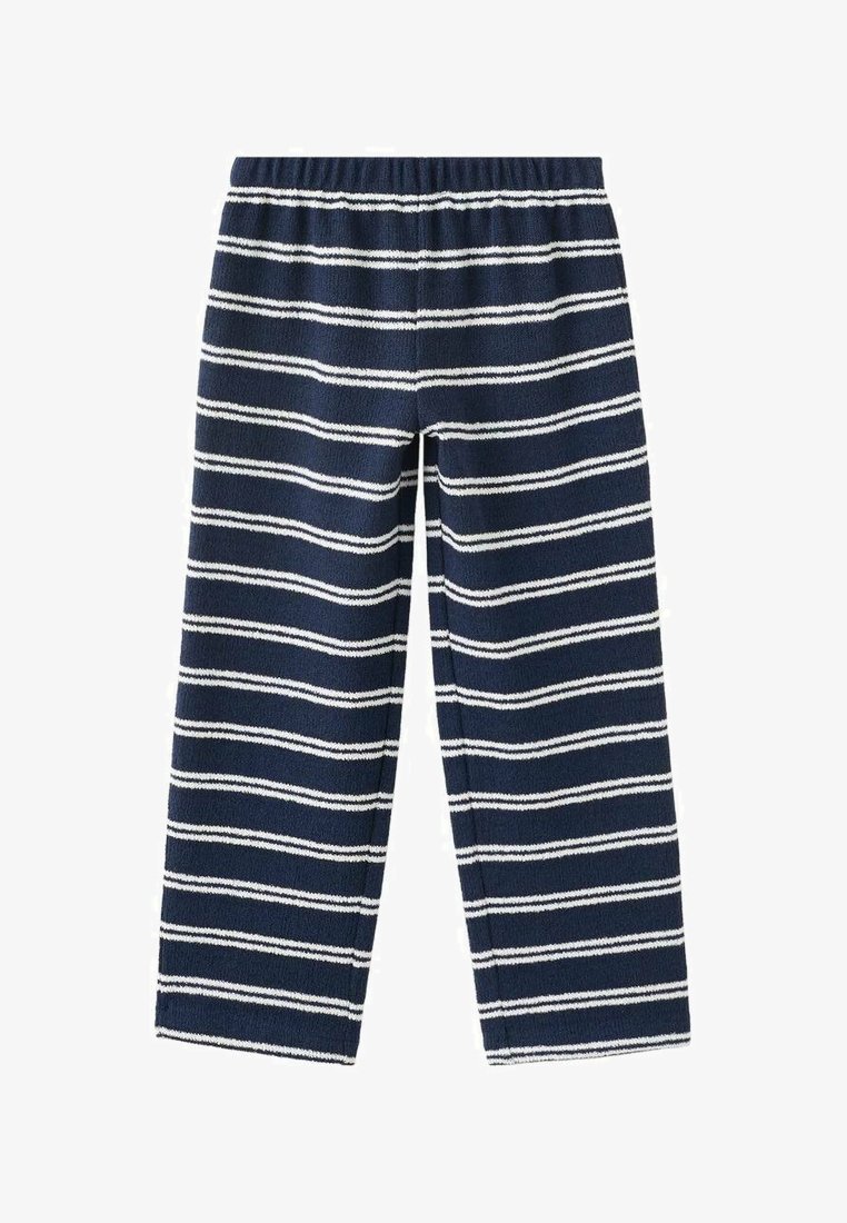 Pantalon bleu marine à rayures horizontales blanches, ceinture élastique, coupe droite, tissu à texture douce.