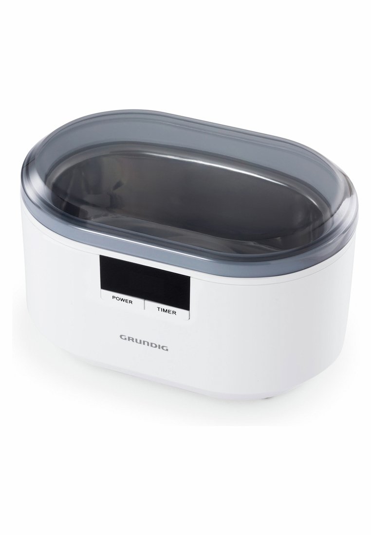 Nettoyant ultrasonique rectangulaire blanc avec un couvercle gris transparent, doté d'un panneau de contrôle numérique avec des boutons de puissance et de minuterie.