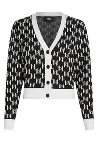 Cardigan a righe bianco e nero con scollatura a V, orlo a coste e maniche lunghe. Presenta bottoni neri e rifiniture bianche a contrasto.