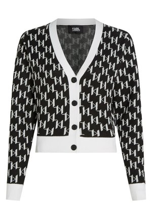 Cardigan a righe bianco e nero con scollatura a V, orlo a coste e maniche lunghe. Presenta bottoni neri e rifiniture bianche a contrasto.