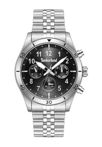 Sølv rustfrit stålur med en sort cirkulær urskive. Funktioner inkluderer numeriske timemarkører, tre subdials og et struktureret armbånd.
