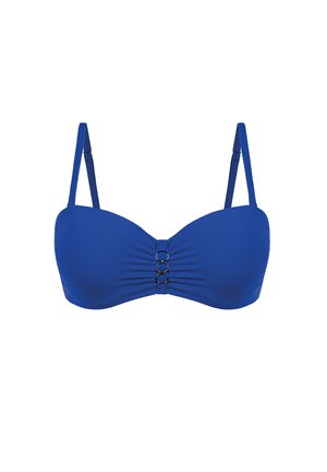 Niebieski pikowany biustonosz z regulowanymi ramiączkami, marszczonym środkiem i trzema małymi dekoracyjnymi pierścieniami na środku z przodu.