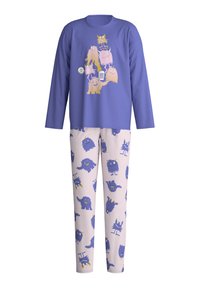 Paars langemouwen pyjamashirt met kleurrijke monsterafbeelding. Zachte stof, bijpassende pastelkleurige broek met speels monsterpatroon. Comfortabele pasvorm.