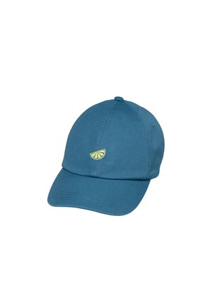 Casquette de baseball bleue avec un petit quartier de citron jaune brodé au centre avant, présentée sur fond blanc.