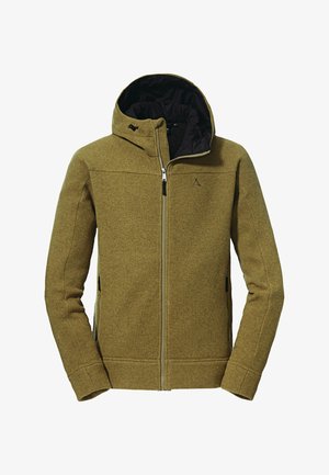 Světlounce hnědá bunda na zip s kapucí, černou vnitřní podšívkou, bočními kapsami se zipy a malým vyšívaným logem na hrudi.