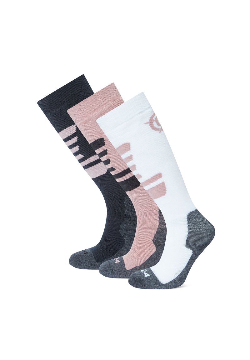 Three pairs of knee-high socks: black with pink stripes, pink, and white with gray accents. Soft fabric with reinforced toe and heel areas.