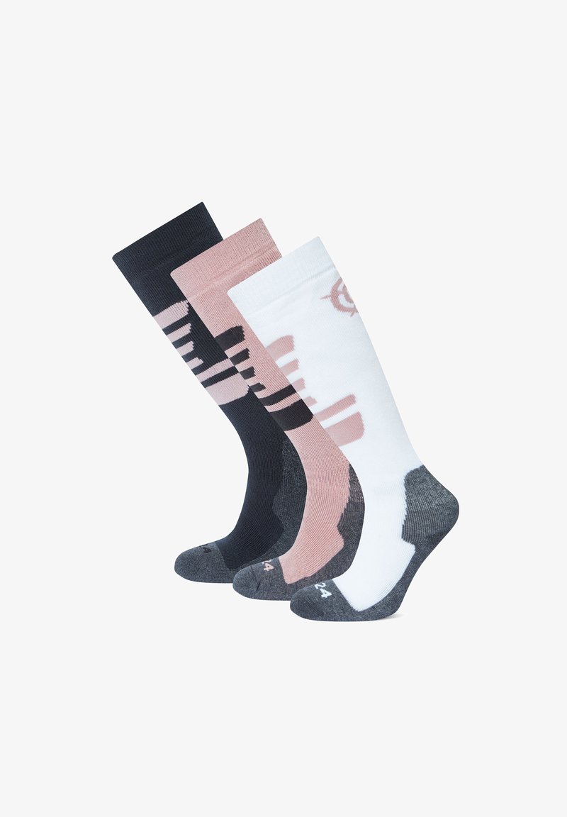 Three pairs of knee-high socks: black with pink stripes, pink, and white with gray accents. Soft fabric with reinforced toe and heel areas.
