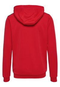 Prosta czerwona bluza z kapturem, z długimi rękawami, ściągaczami na rękawach i u dołu, pokazana od tyłu.