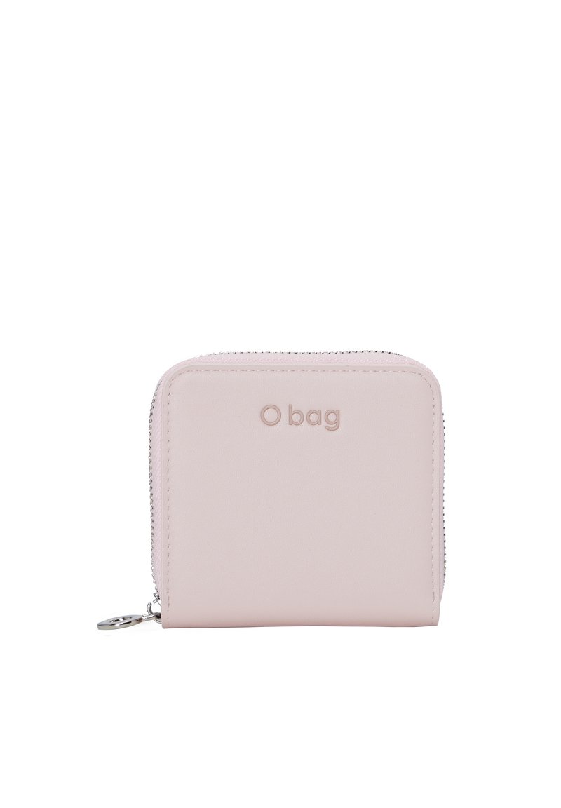 Portafoglio rosa con zip realizzato in materiale liscio, con il logo "O bag" impresso sul davanti, bordi leggermente arrotondati e hardware della cerniera di colore argento.
