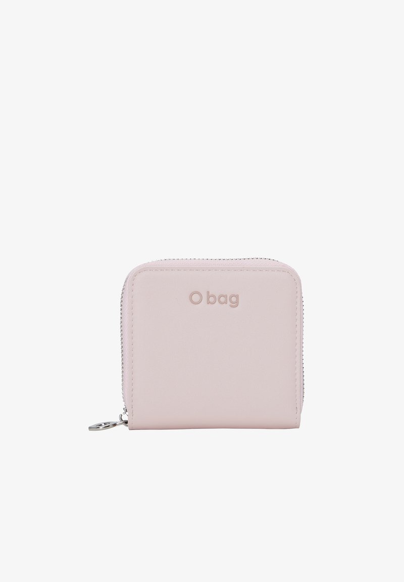 Portafoglio rosa con zip realizzato in materiale liscio, con il logo "O bag" impresso sul davanti, bordi leggermente arrotondati e hardware della cerniera di colore argento.