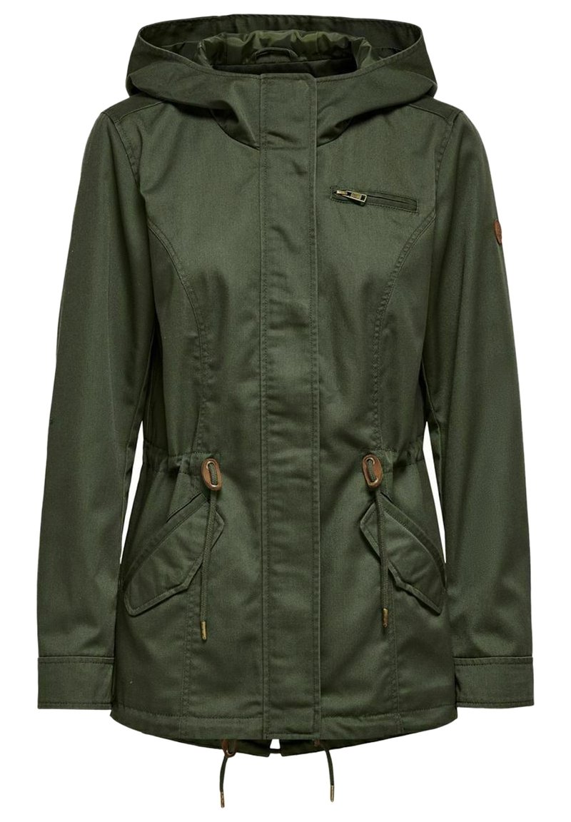 Kaki grön jacka i ett mjukt tyg, med en dragkedjeförsedd bröstficka, justerbara snoddar i midjan och en huva.