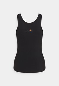 Černý bezrukávový tílko vyrobené z hladké tkaniny, s kulatým výstřihem a malým barevným logem na hrudi.