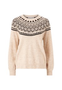 Pull en tricot beige avec un col rond, présentant un motif géométrique noir au niveau du yoke et des poignets et ourlet côtelés. Texture douce.