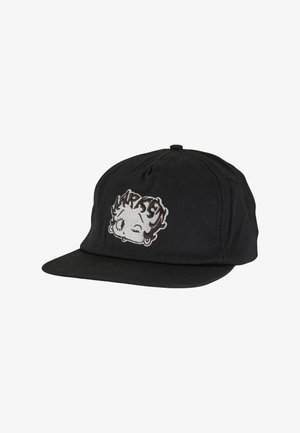 Black cap with a flat brim featuring an embroidered cartoon character in white and grey. Made of soft, textured fabric.