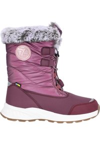 Botte d’hiver violette avec col en fausse fourrure, deux bandes Velcro, lacets élastiques, semelle blanche et étiquette imperméable sur le côté.