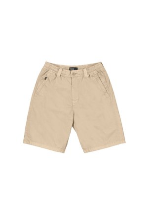 Beige Freizeithosen mit elastischem Bund, Knopfverschluss, Gürtelschlaufen und Seitentaschen.