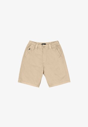 Beige Freizeithosen mit elastischem Bund, Knopfverschluss, Gürtelschlaufen und Seitentaschen.