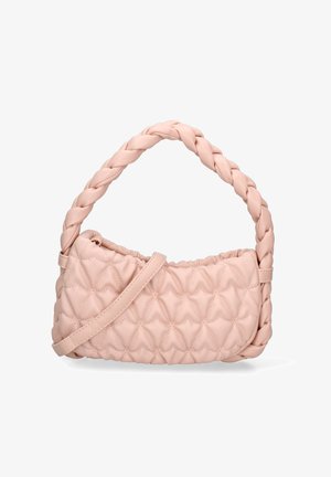 Sac à main avec poignée tressée en synthétique rose pâle, présentant une texture matelassée et un design froncé, avec une bandoulière amovible.