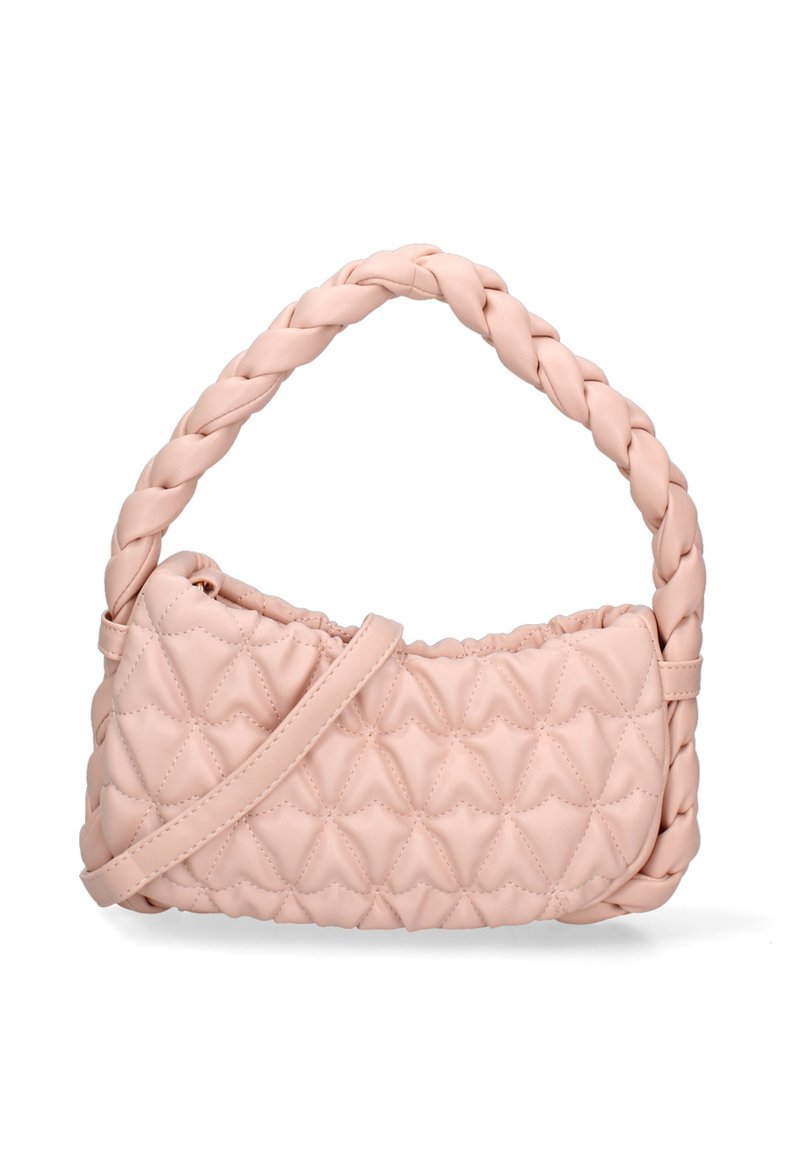 Borsa a mano con manico intrecciato in morbido faux leather rosa chiaro, con texture trapuntata e design arricciato, dotata di una tracolla rimovibile.