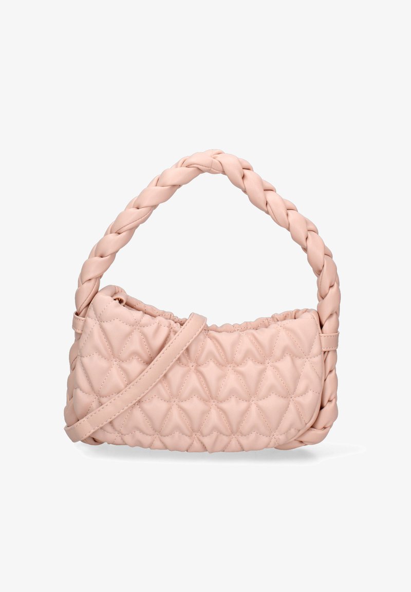 Borsa a mano con manico intrecciato in morbido faux leather rosa chiaro, con texture trapuntata e design arricciato, dotata di una tracolla rimovibile.