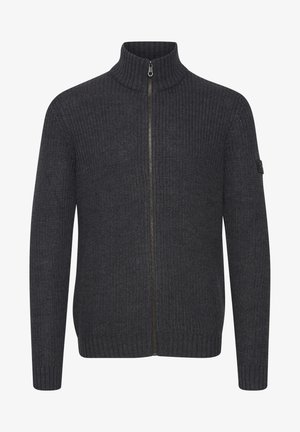 Gray zip-up sweater with high collar, ribbed texture, full-length sleeves, and a small logo patch on the left arm.