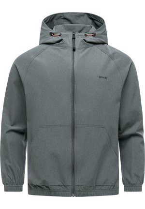 Grå hettejakke med glidelås, elastiske mansjetter, frontlommer og justerbare snorer på hetten.