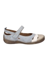 Light blue leather shoe with white accents and cutouts, featuring a velcro strap, rounded toe, and a low brown sole.