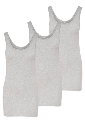 Trois débardeurs en coton gris avec encolure dégagée et coupe ajustée. Le tissu est doux et lisse avec une légère texture chinée.