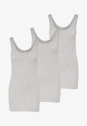 Trois débardeurs en coton gris avec encolure dégagée et coupe ajustée. Le tissu est doux et lisse avec une légère texture chinée.