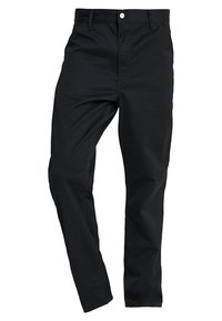 Czarne spodnie wykonane z bawełnianej mieszanki, z prostą nogawką, standardowym paskiem w talii i przednim zapięciem na guziki.