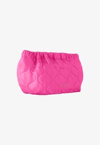 Rosa, quilted toalettmappe med samlet topp, med bølgelignende mønstre på overflaten og gullfarget logo. Glatt, fleksibelt materiale.