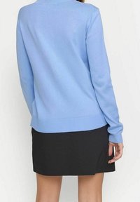 Ljusblå stickad tröja med långa ärmar och ribbad nederdel, i kombination med en svart kjol. Tyget ser mjukt och något texturerat ut.