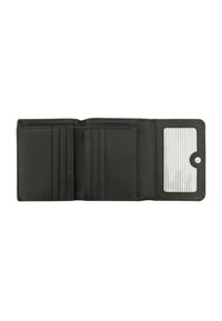 Black leather wallet with multiple card slots, a photo ID section, and a snap closure. Smooth texture and minimalist design.