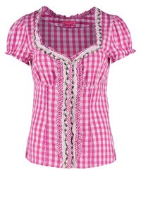 Blouse à manches courtes en vichy rose et blanc, avec devant boutonné à volants et bordure décorative en dentelle blanche au niveau du col et des manches.