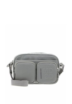 Small rectangular gray shoulder bag with two front zippered pockets and adjustable strap, made of textured fabric.