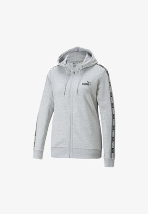 Lys grå hættejakke med lynlås, forlommer, justerbar hætte og sort Puma-logo på brystet samt mærkede striber langs ærmerne.
