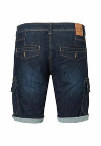Denim cargo shorts in dark blue with rolled cuffs, multiple back pockets, and a label on the waistband. Features contrasting stitching.