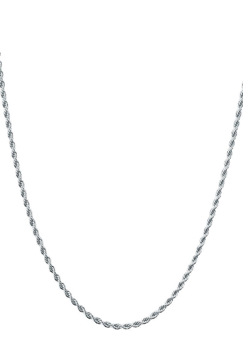 Collar de cadena retorcida de plata, con un diseño trenzado. La textura suave realza la calidad reflectante y la elegancia general.